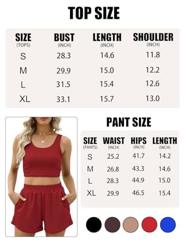 Rayson Women's 2 Pieces Outfit Summer Sleeveless Cropped Top and High-waisted Shorts with Pockets Tracksuit Sets Causal Solid Colour Ribbed(Red,S — view 6