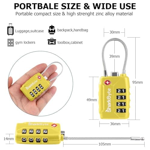 SharkByte TSA Approved Suitcase Locks - 4-Dial Security Travel Combination Padlock, Flexible Cable Wire Travel Lock for Suitcases, Luggage Locks, Travel Bag Gym Locker Small PadLock with code (2 Pack) — view 4