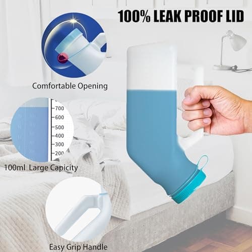 1 Pack Male Urinal Bottle with Glow in The Dark Screw Cap, 1000mL/33oz Spill Proof Plastic Mens Bedpan Bottle for Travel & Urine Collection, Measuring Scale & Easy Grip Handle(Green) — view 6