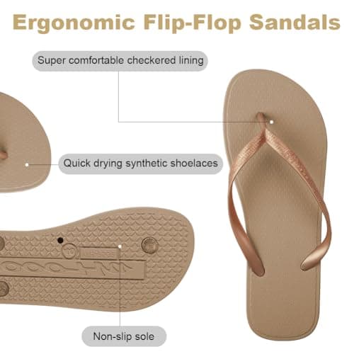 Aomig Unisex Flip Flops Ladies Girls Mens Flatform Beach Flip-Flop Slim PVC Flip Flops Women's Yoga Mat Comfortable Beach Platform Sandals Slip-Resistant Flat Flip Flop for Shower(Copper-6 UK) — view 3