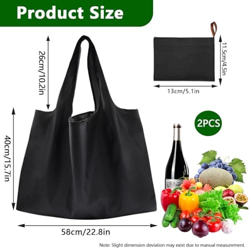 YINKIGI Large Reusable Shopping Bags 2 Pack Foldable Tote Bag, Black — view 3