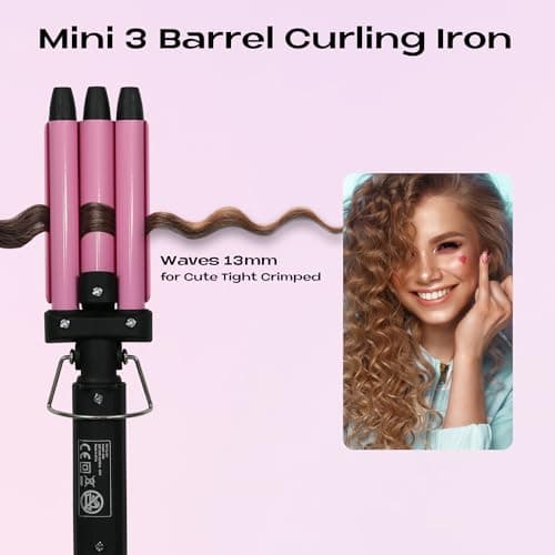 3 Barrels Mini Hair Waver for Short & Medium Hair, 13MM Curling Iron Curling Wand, 0.45lb Lightweight, Mini Size Hair Curler, Travel Friendly-Pink — view 3