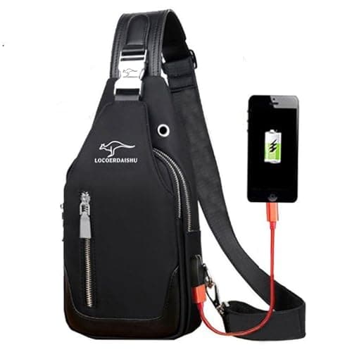 Men's Waterproof Sling Bag, Oxford cloth Chest Shoulder Crossbody Bag Crossbody with Double zipper USB Charging Port Adjustable Strap, Lightweight Casual Daypack for Hiking, Travel, Camping (Black)