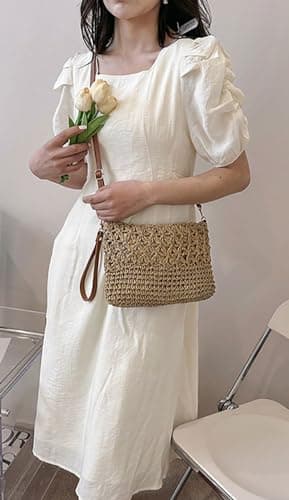 straw beach bags for women, rattan handbag, summer straw woven handbag, raffia handbag, square shoulder bag, khaki, Small to Medium — view 2