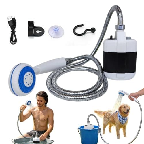 Outdoor Portable Camping Shower with 1500mAh Rechargeable Battery Waterproof Handheld Water Pump with Hose for Hiking, Beach, Car Washing & Pet Bathing