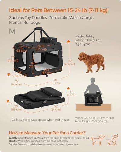 Feandrea Foldable Pet Carrier Bag, Portable Dog Travel Crate, Soft Sided Dog Cat Pet Travel Carrier Large Dog Crate for Car with Breathable Mesh and Storage Pockets, 60 x 42 x 42 cm, Black PDC60H — view 5