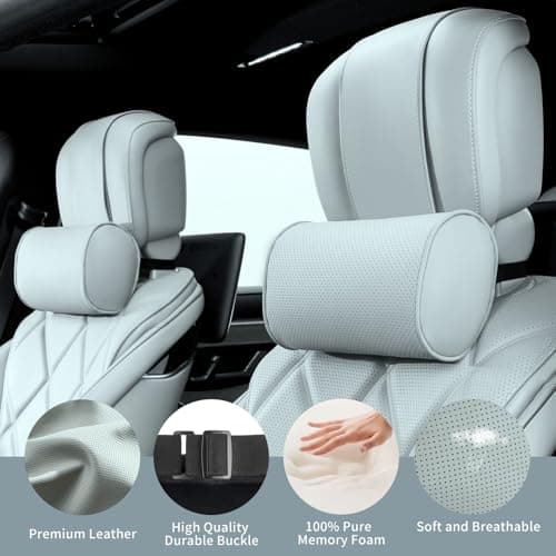 Dapucarin Car Headrest Pillow for Driving - Luxury Leather 100% Memory Foam, Ergonomic Neck Support - Universal Fit Head Rest Travel Pillow for Most Cars, Home & Office, Gray, 1 Pack — view 3