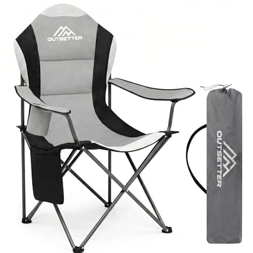 Outsetter Folding Camping Chair High Back, Large Padded Chair with Cup Holder and Side Pockets,Seat with Breathable Mesh, Portable & Comfortable,Holds up to 120kg for Outdoors, Fishing(Light Grey)