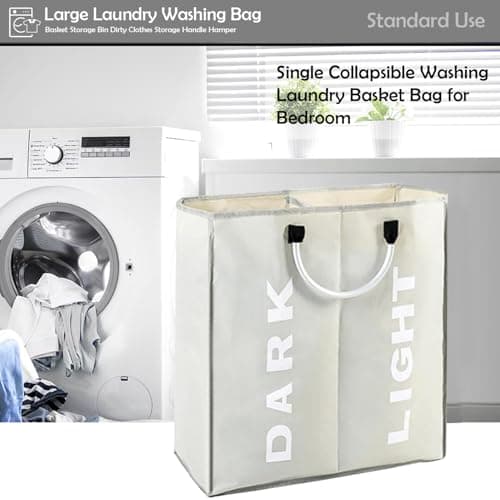 Double Compartment Laundry Basket with Handles | Collapsible Divided Clothes Hamper for Dark and Light Washing | Large Slim Portable Laundry Storage Bag for Home Dorm Travel Light Grey — view 4