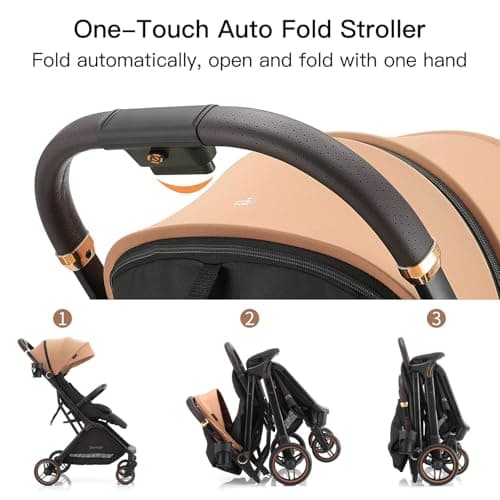 Gromast Gravity Folding Baby Stroller - Portable Travel Toddler Stroller w/Adjustable Backrest, Canopy & Cup Holder, Lightweight and UV Protected, One-Hand Automatic Folding - Khaki — view 2