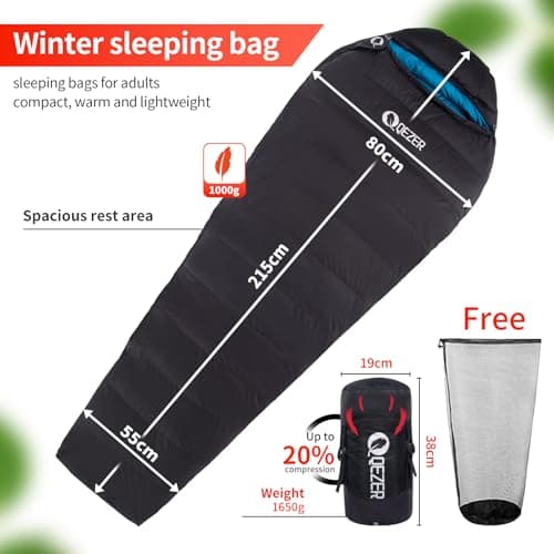 QEZER Down Sleeping Bag 4 Season, Lightweight Winter Sleeping Bag 0 Degree to -12 Degree C for Adults and Kid Camping, Hiking and Backpacking Outdoor Filled 600+FP Down (Black) — view 2