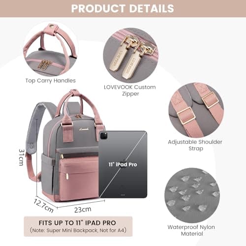 LOVEVOOK Backpack Womens Small Fashion Rucksack Bag for Ladies with USB Port Waterproof Handbag for Girls Anti-theft Mini Casual Daypack City Pack for School Uni Travel, Pink Grey — view 5