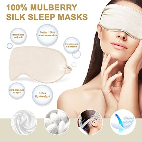 Sleep Masks Silk Sleep Eye Mask Travel Set Soft Sleeping Eye Mask with Hair Scrunchie Head Band and Travel Pouch for Girls Ladies 4 Pcs Apricot — view 3