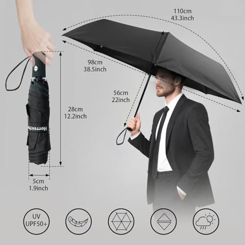 Herreicher UV Travel Umbrella Automatic - Compact Foldable Portable UV Protection Pocket Lightweight Umbrella 98 cm 6 Ribs 210T Cover Fabric UPF50+ for Adults and Children — view 3