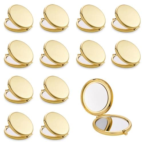 QUSTGO Compact Mirror, Pocket Travel Makeup Mirror for Purse, Metal Round Shell, 2-Sided 1X/2X Magnifying, Portable, Folding, Handheld, Gold, 12 Pack