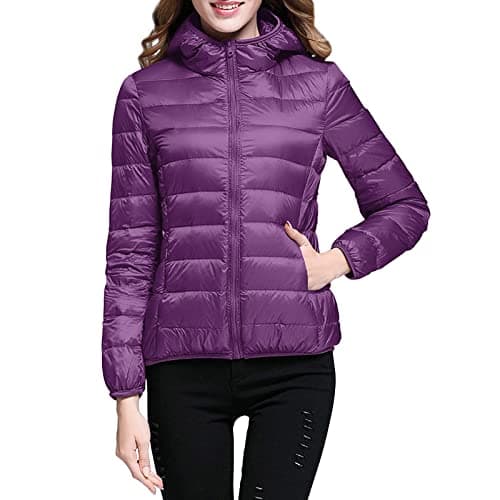 Womens Winter Lightweight Puffer Jacket with Hood Warm Short Packable Women Quilted Jacket Transitional Padded Down Jacket for Ladies Lined for Hiking Travel Plus Size Thin Jacket Down Purple — view 2