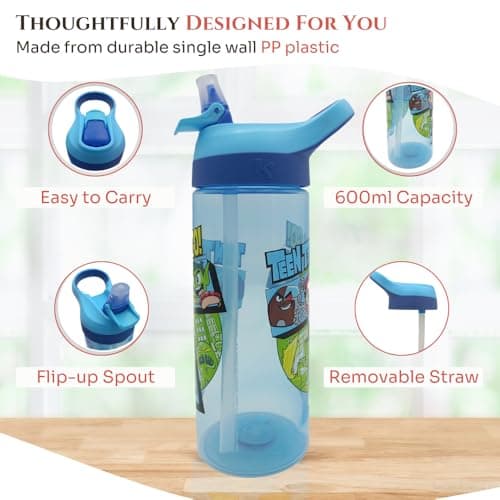 HOX LOL Teen Titan Water Bottle – 600 ml | Food-Safe Plastic Bottle with Carry Loop | Spills-Proof Flip-Up Spout Reusable Travel Bottle for Kids, Blue — view 5