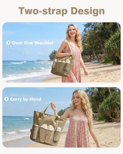 Beach Bag with Zip and Pockets Small Beach Tote Bags for Women, Khaki — view 2