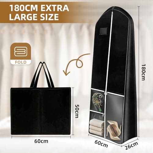 Long Dress Garment Bags, 180x60cm Folding Clothes Covers with 4 Pockets, Clothes Covers Protector Bags with Zipper, Dustproof Clothing Bag for Wedding Coat Gowns Dresses Suits Jackets Storage, Black — view 2