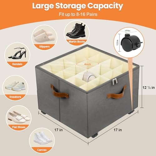 Foyego 2 Pack Shoe Organizer for Closet, Shoe Storage with Wheels, Gray — view 3