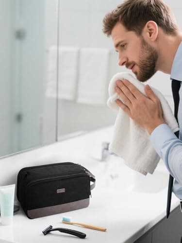 WANDF Toiletry Bag for Men Travel Wash Bag Toiletry Organizer Canvas and PU Leather Dopp Kit Water-Resistant Shaving Kit for Travel Accessories (Black, M, Patent Pending) — view 2