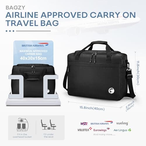 BAGZY 40x30x15cm Underseat Cabin Bag Luggage Foldable Travel Bag 20L Waterproof Holdall Hand Luggage Case Nylon Carry on Luggage Weekend Duffle Gym Bags Baggage Organiser Storage for Women Men Black — view 3