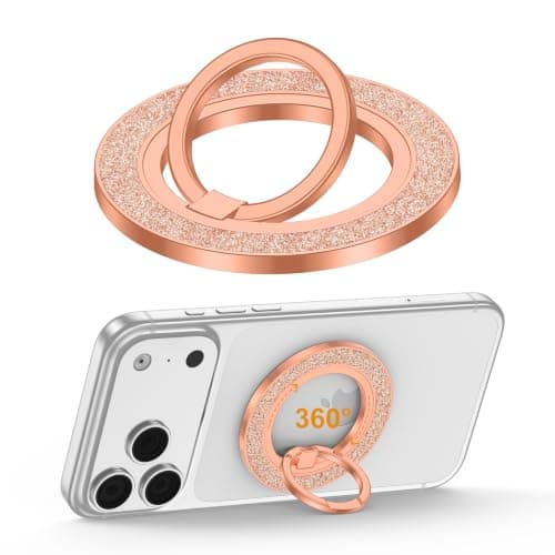 Magnetic Phone Ring for Magsafe Grip Stand, 360° Rotating Finger Loop Kickstand Magnet Cellphone Grip Holder Compatible with Mag Safe Car Mount iPhone 17 Air 16 Pro 15 14 13 14, Glitter Rose Gold