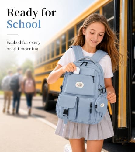 BECOJADDE Backpack School Bag for Women and Girls, 15.6" Laptop, Blue 25L — view 3
