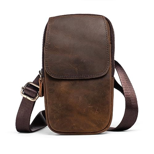 Hengwin Multifunctional Genuine Leather Double Zip Bags Men Vintage Look Shoulder Bag Mobile Phone Belt Bag Phone Holster for Travel, Outdoor Activities (Coffee)