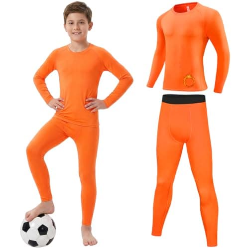 Hotfiary Kids Boys Thermal Base Layer Set Football Skin, Orange, 9-10Y