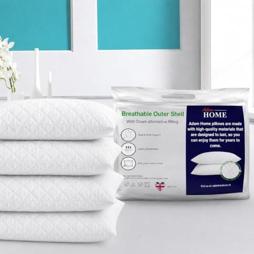 Adam Home Premium Pillows 4 Pack Hotel Quality Firm Support with Quilted Cover Hypoallergenic and Anti Dust Mite Soft Hollow-Fiber Down Alternative Bed Pillow for Stomach Back and Side Sleeper