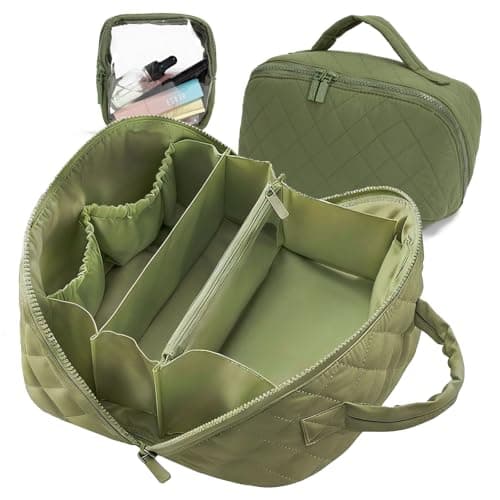 Travel Makeup Bag for Woman,Lay-Flat Puffer Cosmetic Organizer Pouch,Large Capacity Make Up Case Open Flat Toiletry Bags,Cosmetic Bags,Quilted Makeup Bags with Brush Compartment & Handle (Green)