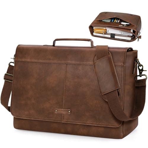 RAINSMORE Vintage Messenger Bag Men PU Vegan Leather Laptop Bag for Men 15.6 Inch Retro Mens Briefcase Waterproof Satchel Computer Bag for Work College Office Travel