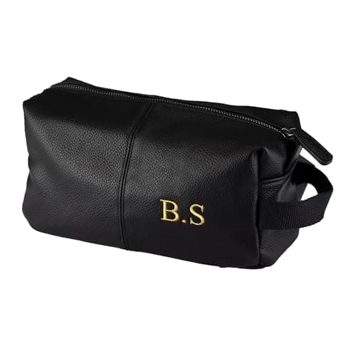 Personalised Embroidered Mens PU Leather Wash Bag with Strap Black or Brown - Mens Vegan Leather Toilet Bag Embroidered with Initials (Black)