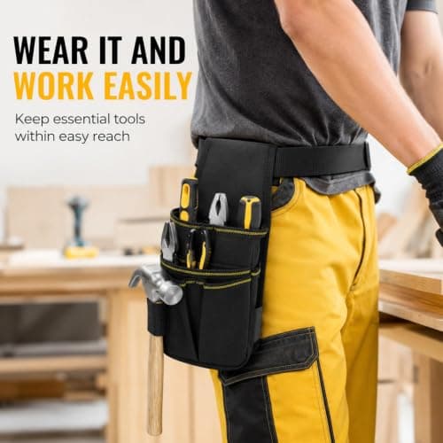 Heavy Duty Nylon Tool Belt Pouch, Durable Work Belt Pouch, Adjustable Waist Multifunctional Work Tool Belts with Multi Compartments, Water Resistant Tools Storage Pouchs — view 3