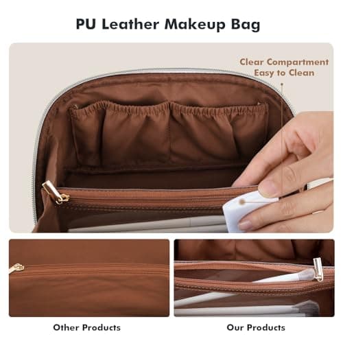 Prite Travel Makeup Bag Flat Lay Cosmetic Case with Brush Pocket, Brown, M — view 4