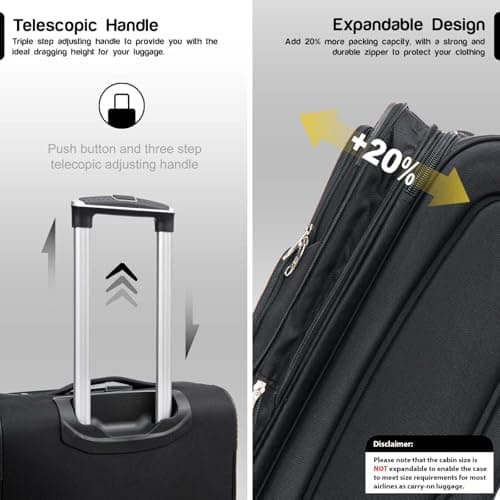 Aerostar Carry-on 20" Lightweight Soft Expandable Suitcase, Hand Luggage 4 Wheels & Combination Lock, 55x35x20cm | Accepted All Airlines easyjet, RyanAir, British Airways (Black, 32 litres) — view 3