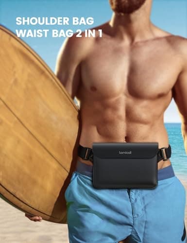 Lamicall IPX8 Waterproof Pouch Bag - [2 Pack] Waterproof Waist Dry Bag with Adjustable Strap, [Quick Opening] for Beach, Swimming, Boating, Fishing, Camping, Kayaking, Hiking, Fit up to 8.7” - Black — view 5