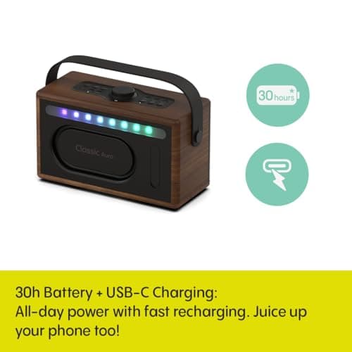 Pure Classic Aura Portable Bluetooth Speaker 40W with 5000mAh Battery, Powerbank Function, Ambient Light, 30h Playtime, USB-C, AUX, IPX2 Splashproof – Coffee Brown/Walnut — view 3