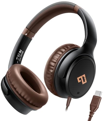 INFURTURE USB C Headphones Wired Brown Over-Ear Headphone with Microphone