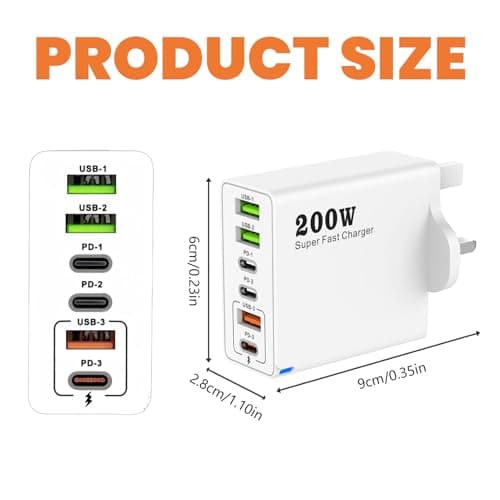 200W USB C Charging Station, 6-Port Fast Charger Plug with PD 100W/65W/45W/20W, Multi USB C Charger Hub for MacBook, Dell, Steam Deck, i-Phone 15/16/14 Pro, i-Pads – Usb c Multi Charger Block — view 2