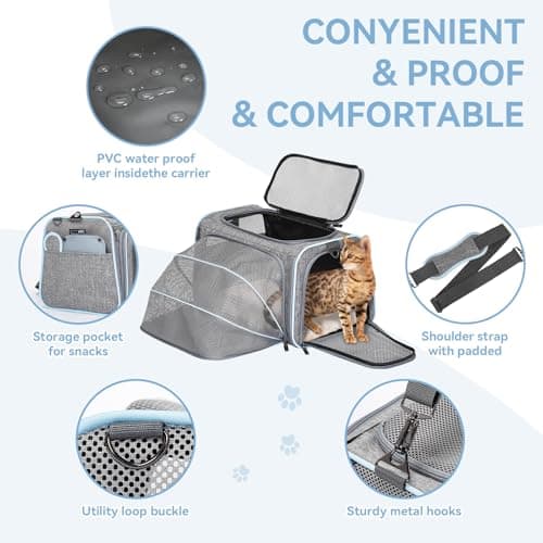 Petsfit Expandable Cat Carrier, Airline Approved Soft-Sided Pet Travel Bag for Small Dogs & Cats, Dual-Sided Extension Up to 5kg, Washable Grey Pet Carrier for Travel — view 3