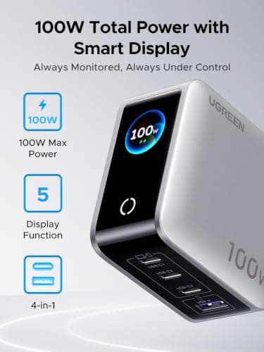 UGREN 100W USB C Charger Plug, 4-Port GaN, Smart Display, Touch Control — view 2