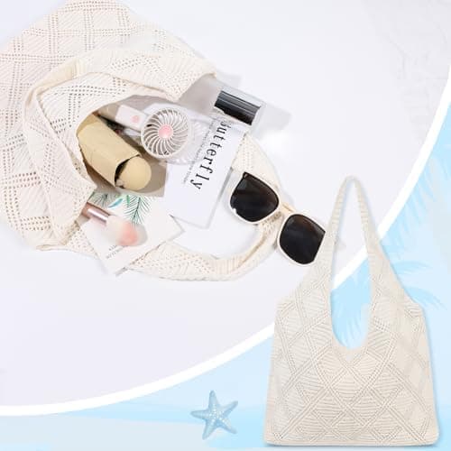 MOFASVIGI Crochet Mesh Tote Bag, Foldable Retro Hollow Beach Tote Bag Women — view 2