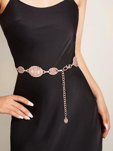 Liutufy Women's Concho Chain Belt Western Cowgirl Metal Waist Chain Belt for Dress, C Rose Gold, L: 53.1 in/135 cm — view 2