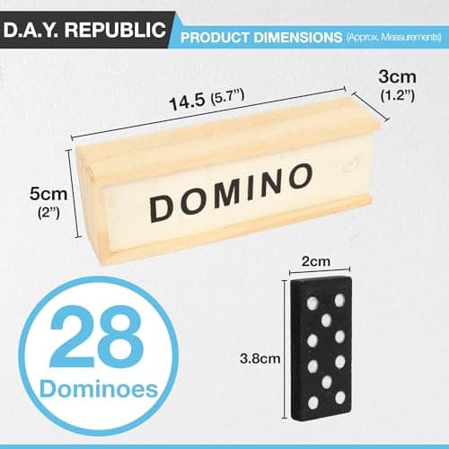 D.A.Y. Republic 28pc Double Six Classic Retro Domino Game, Traditional Set in Wooden Case, Educational Travel Sized Toy (Dominoes in Wood Box) — view 2