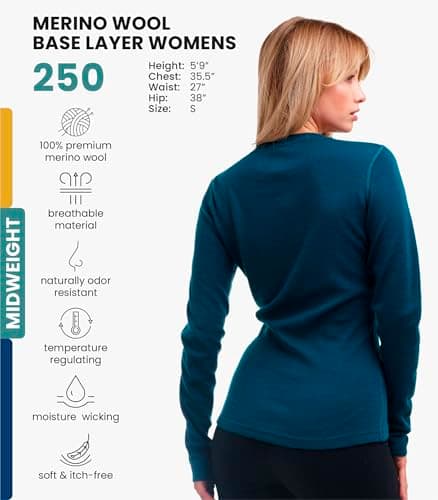 100% Merino Wool Base Layer Womens - Long Sleeve Thermal Shirts + Socks (Small, 250 Deep Teal) — view 2