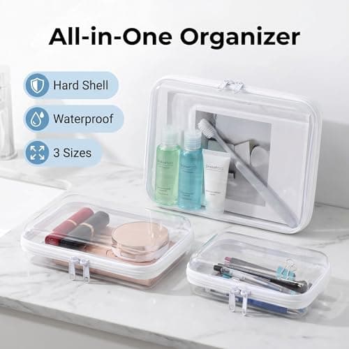 3PCS Clear Hard Shell Zipper Cases Transparent Toiletry Toys Bags Waterproof Cosmetic Toiletry Bag Portable Travel Organizer for Travel Makeup Tools Toy Storage Bin, Puzzles (White) — view 3
