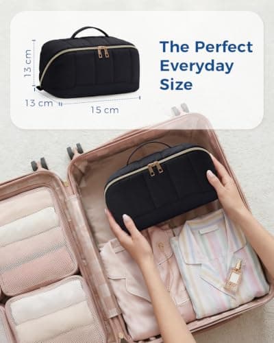Travel Makeup Bag Large Quilted Cosmetic Organizer with Brush Compartments & Handle, Wide-Open Toiletry Bag for Women, Black — view 6