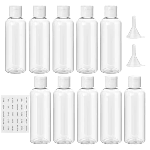 flintronic 10-Pack Transparent Travel Bottles Set, 100ML Refillable Containers for Toiletries, Shampoo, Cosmetic Liquid With 2 Funnels